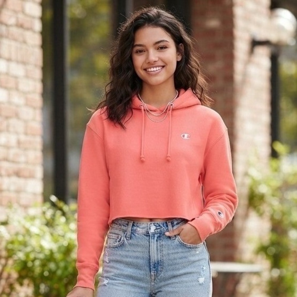 Champion Reverse Weave Small Coral Pink Cropped Pull Over Hoodie Sweatshirt